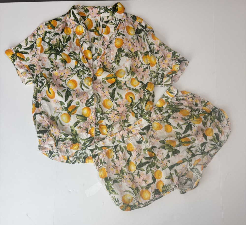 Anthropologie Lemon Blossom Print Pajama Set Size L Floral Citrus Cottagecore